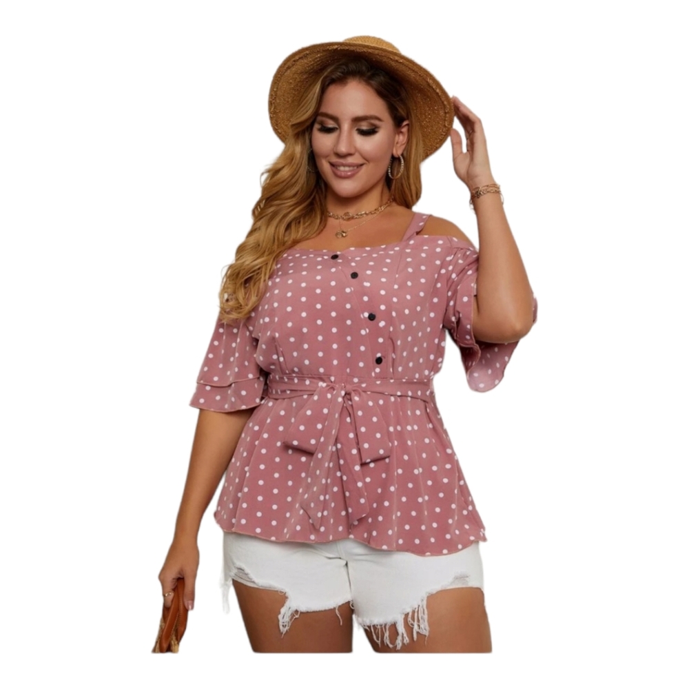 💐SHEIN Dusty Pink Cold Shoulder Polka Dot Belted Blouse (Curve+Plus 1X)